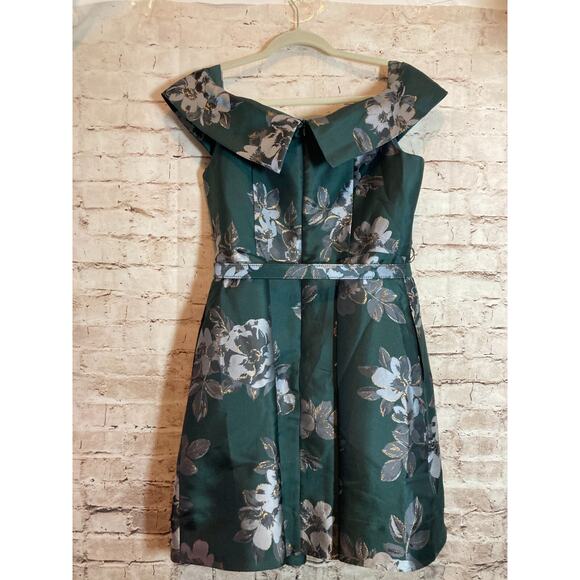 Eliza J Dress Womens 12 Petite‎ Forest Green Floral Gold Glitter Belted Party - Picture 14 of 16